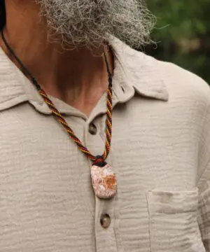 Australian Crazy Lace Agate Pendant Necklace, Australian HandMade handwoven tropical cord crystal healing Pendant Talisman, Black Yellow Red