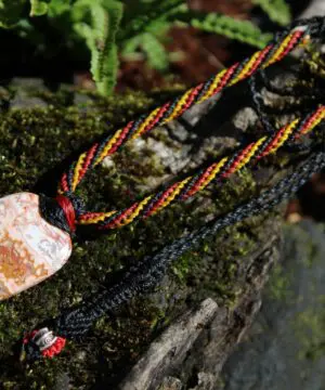 Australian Crazy Lace Agate Pendant Necklace, Australian HandMade handwoven tropical cord crystal healing Pendant Talisman, Black Yellow Red