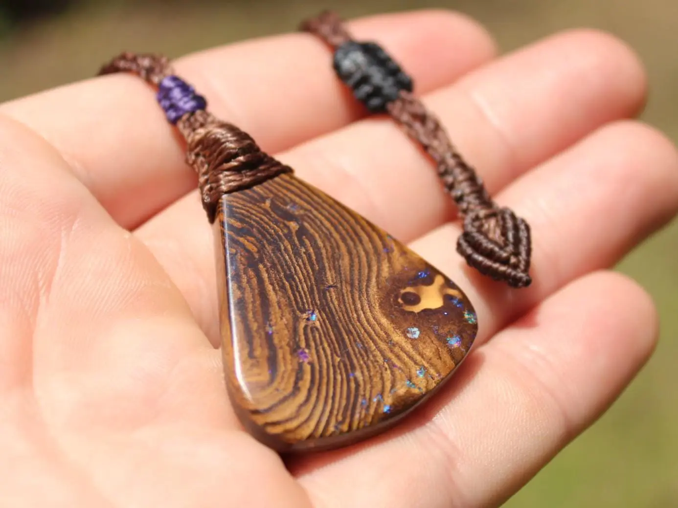 Australian Matrix OPAL Pendant Necklace, Australian Solid Seam Boulder Opal jewelry, Australian Made Macrame Cord Healing Jewelry