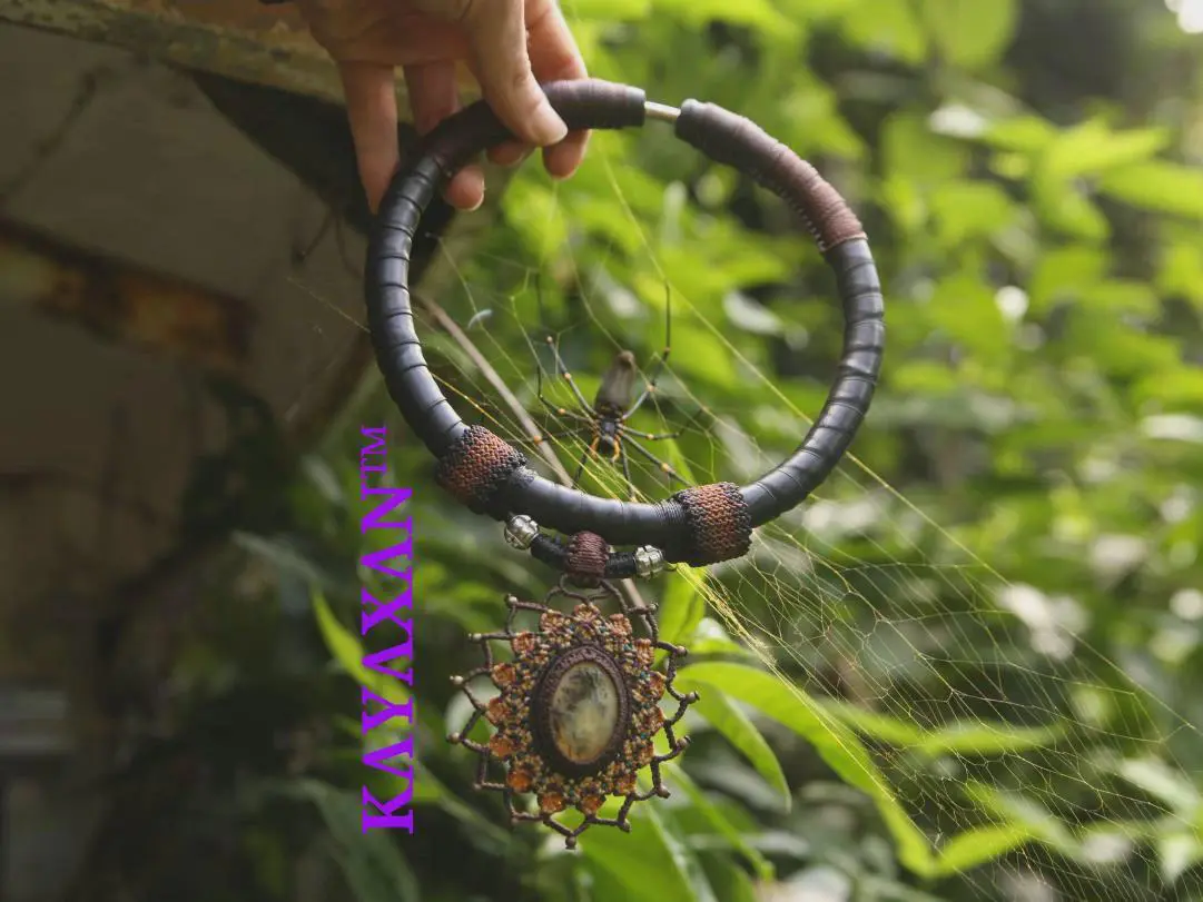 Dendritic Opal, Upcycle, Inner tube Rubber Necklace, NeoTribal Fashion Recycle Burningman Jewellery, Eco Vegan Celtic Larp viking