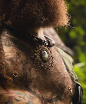 Dendritic Opal, Upcycle, Inner tube Rubber Necklace, NeoTribal Fashion Recycle Burningman Jewellery, Eco Vegan Celtic Larp viking