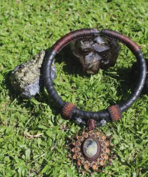 Dendritic Opal, Upcycle, Inner tube Rubber Necklace, NeoTribal Fashion Recycle Burningman Jewellery, Eco Vegan Celtic Larp viking