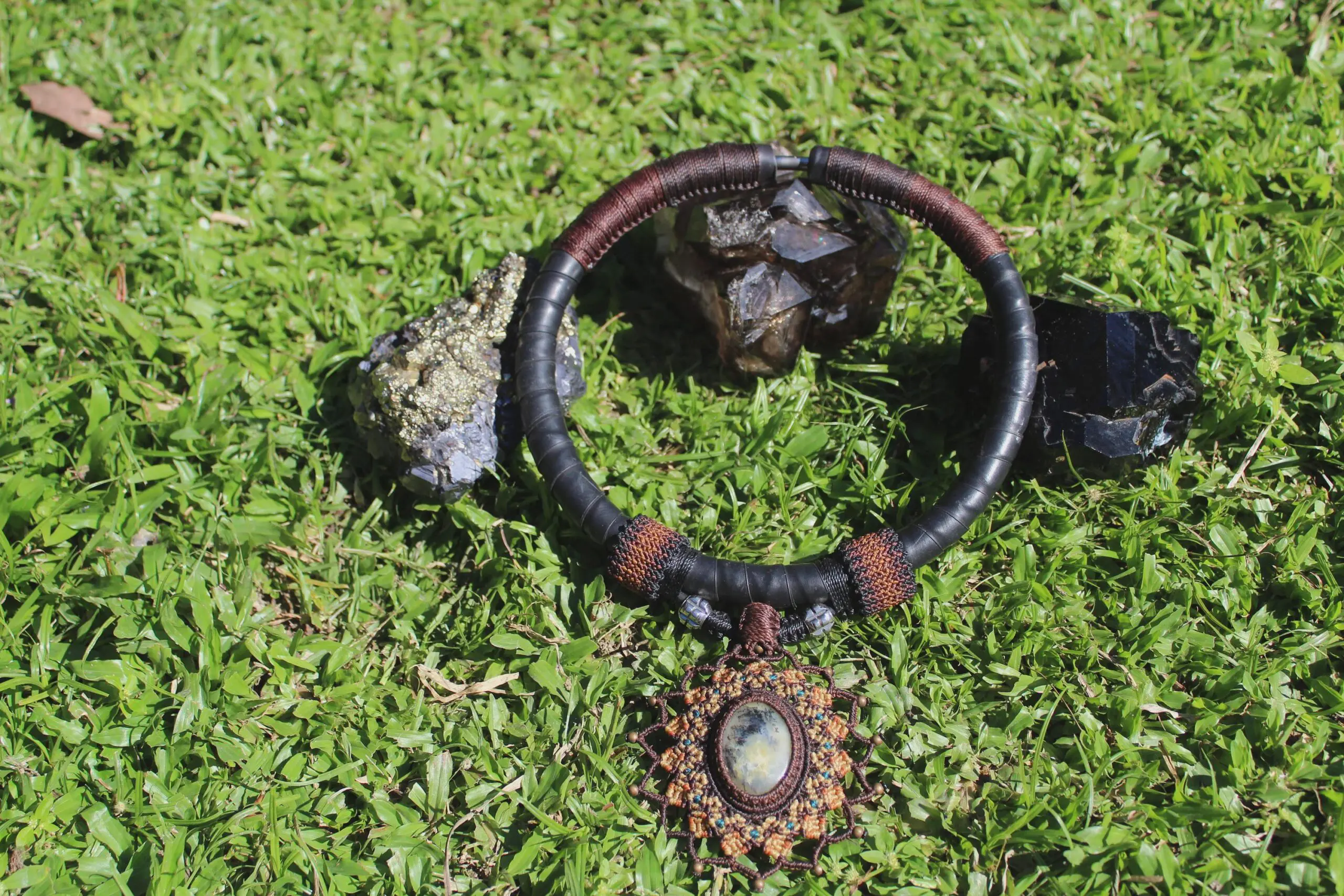 Dendritic Opal, Upcycle, Inner tube Rubber Necklace, NeoTribal Fashion Recycle Burningman Jewellery, Eco Vegan Celtic Larp viking