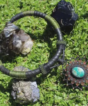 Chrysocolla Inner Tube, Amulet Upcycle Rubber Necklace, NeoTribal Fashion Recycle Burningman Jewellery, Eco Vegan Celtic Larp viking
