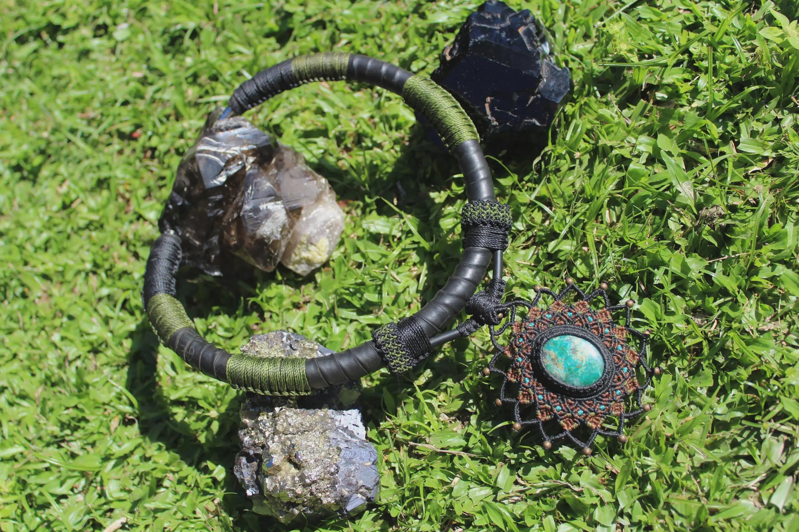 Chrysocolla Inner Tube, Amulet Upcycle Rubber Necklace, NeoTribal Fashion Recycle Burningman Jewellery, Eco Vegan Celtic Larp viking