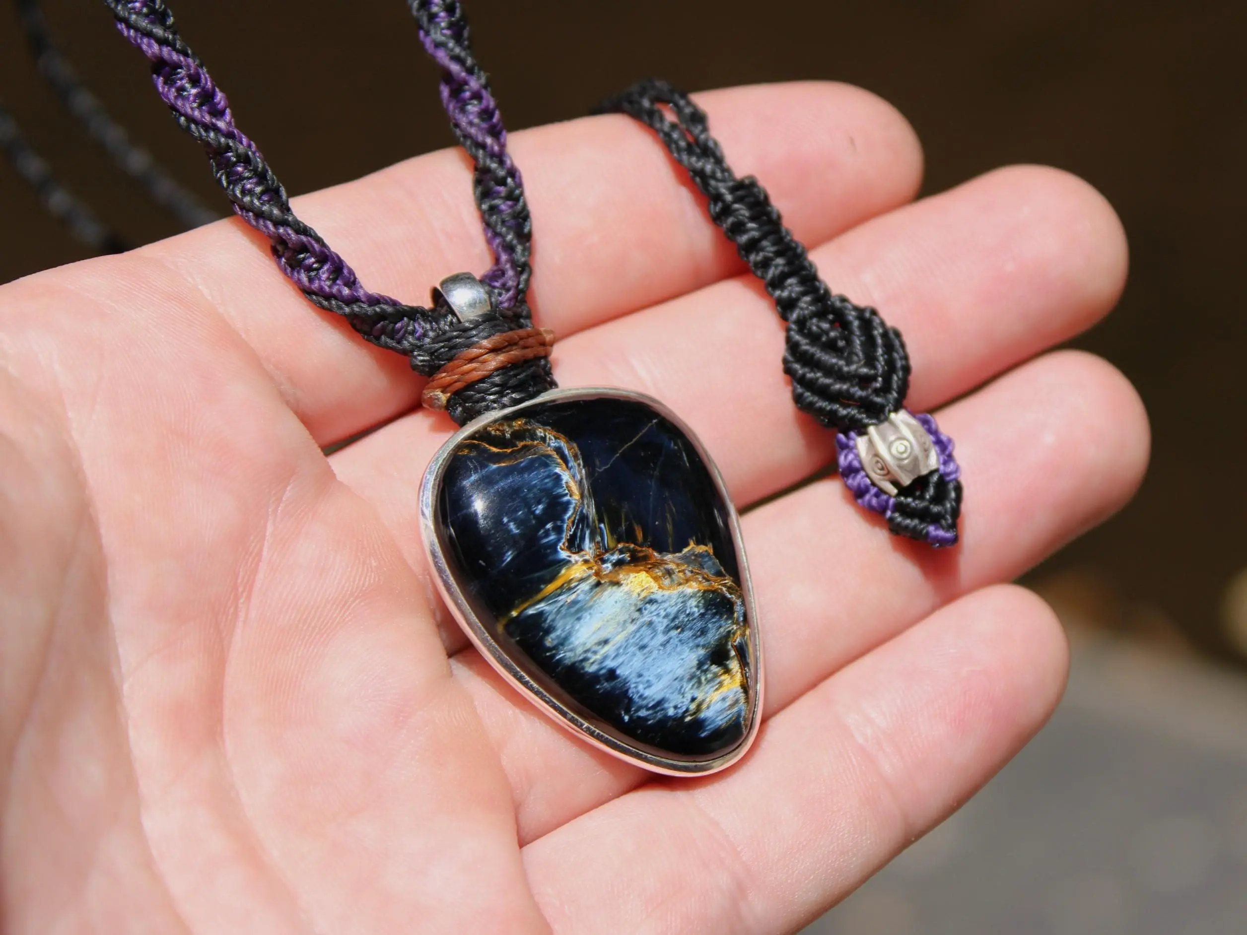 Exclusive Pietersite Pendant Necklace, Premium Crystal Healing Jewelry,Blue Tiger Eye Gemstone Necklace, Handcrafted Australian Macrame