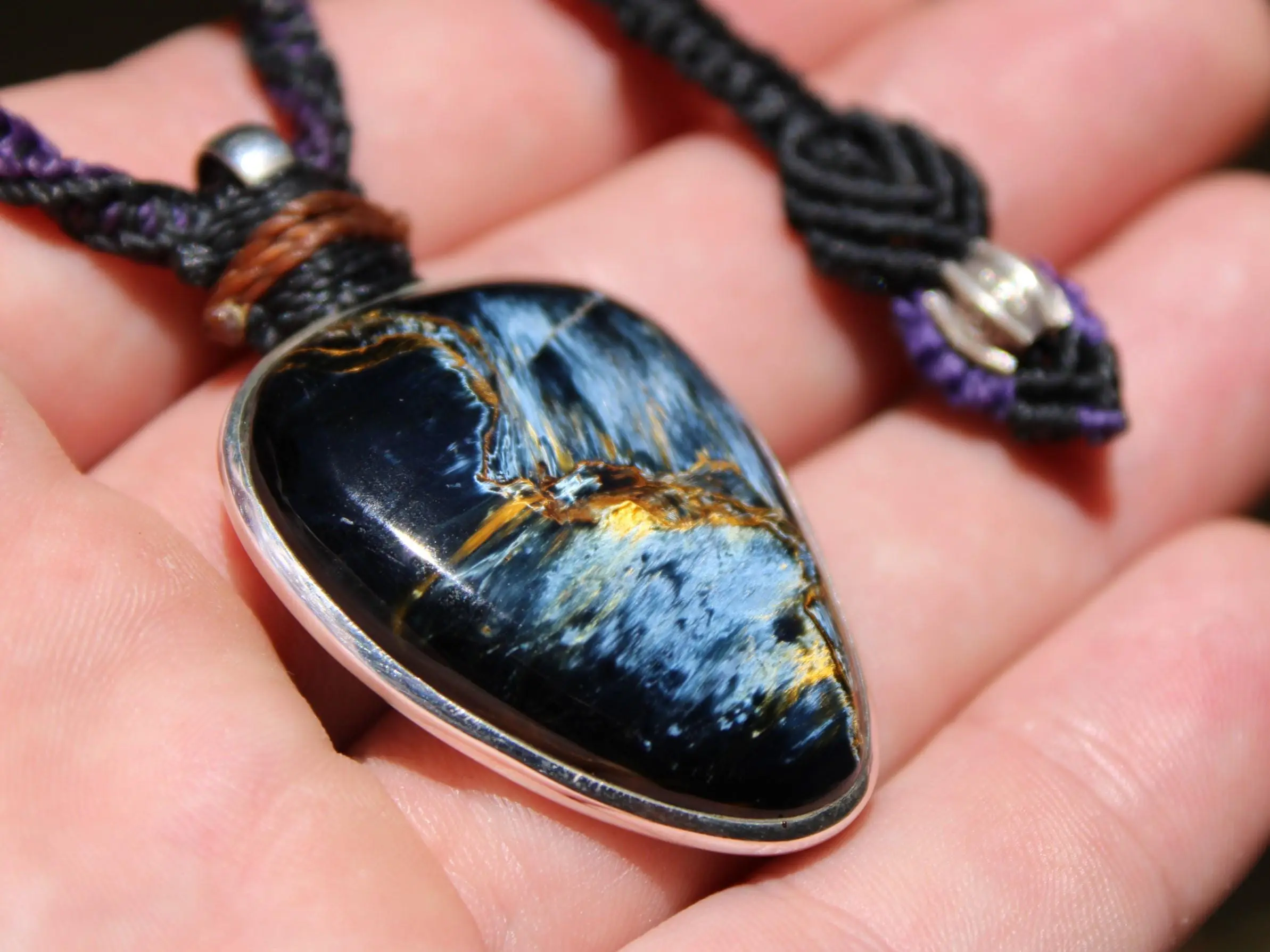 Exclusive Pietersite Pendant Necklace, Premium Crystal Healing Jewelry,Blue Tiger Eye Gemstone Necklace, Handcrafted Australian Macrame