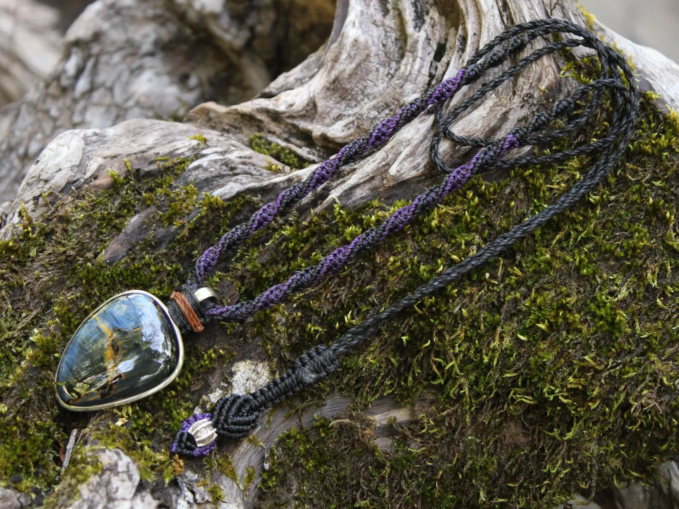 Exclusive Pietersite Pendant Necklace, Premium Crystal Healing Jewelry,Blue Tiger Eye Gemstone Necklace, Handcrafted Australian Macrame