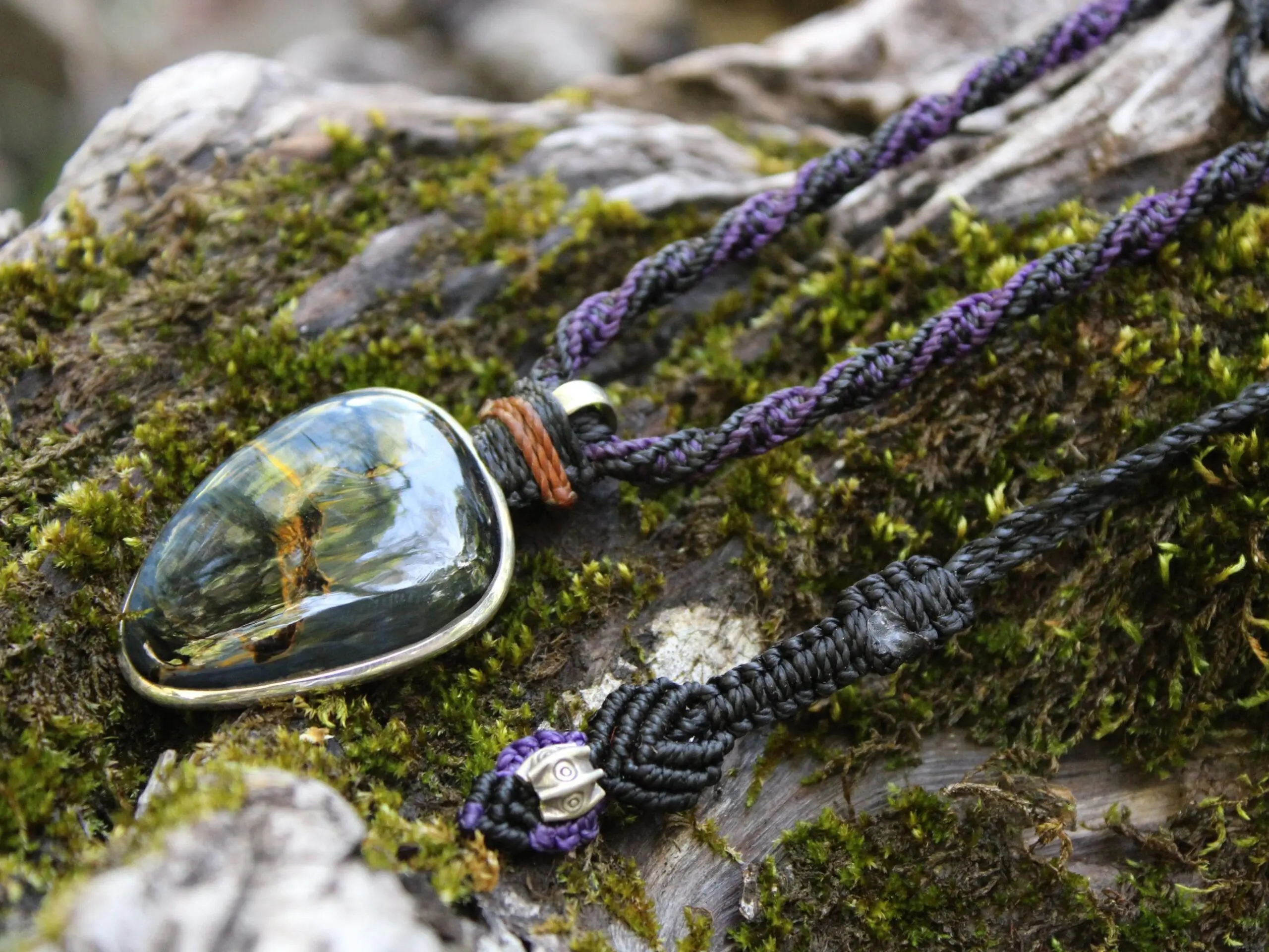 Exclusive Pietersite Pendant Necklace, Premium Crystal Healing Jewelry,Blue Tiger Eye Gemstone Necklace, Handcrafted Australian Macrame