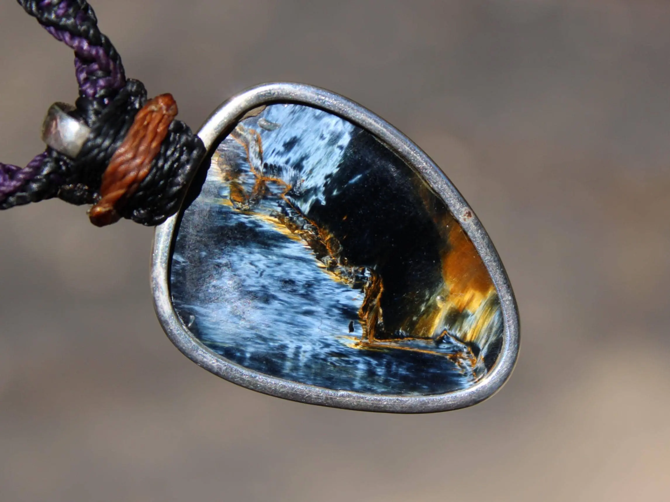 Exclusive Pietersite Pendant Necklace, Premium Crystal Healing Jewelry,Blue Tiger Eye Gemstone Necklace, Handcrafted Australian Macrame