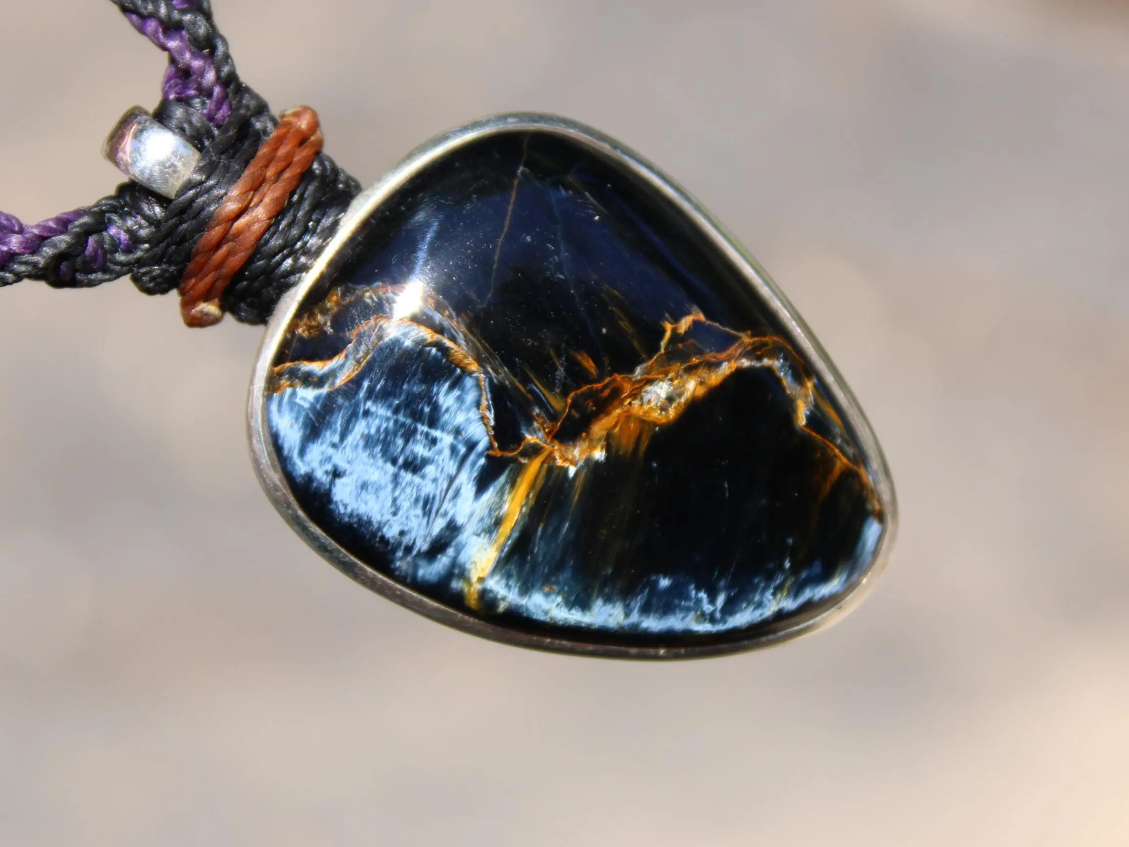 Exclusive Pietersite Pendant Necklace, Premium Crystal Healing Jewelry,Blue Tiger Eye Gemstone Necklace, Handcrafted Australian Macrame