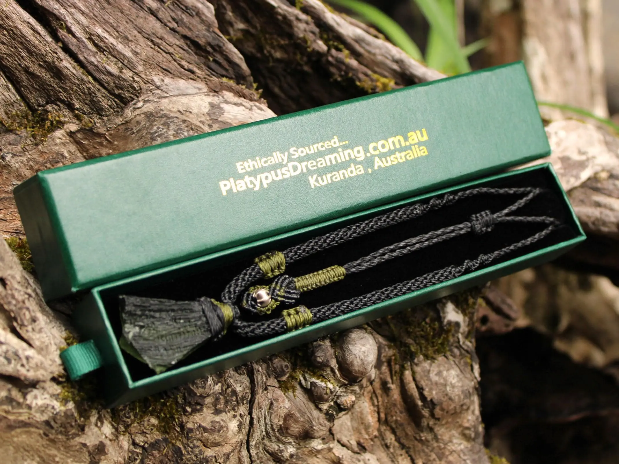 Green Authentic Moldavite Pendant,Platypus Dreaming Genuine Moldavite Necklace,Australian handmade Tropical cord, Elven Crystal jewelry