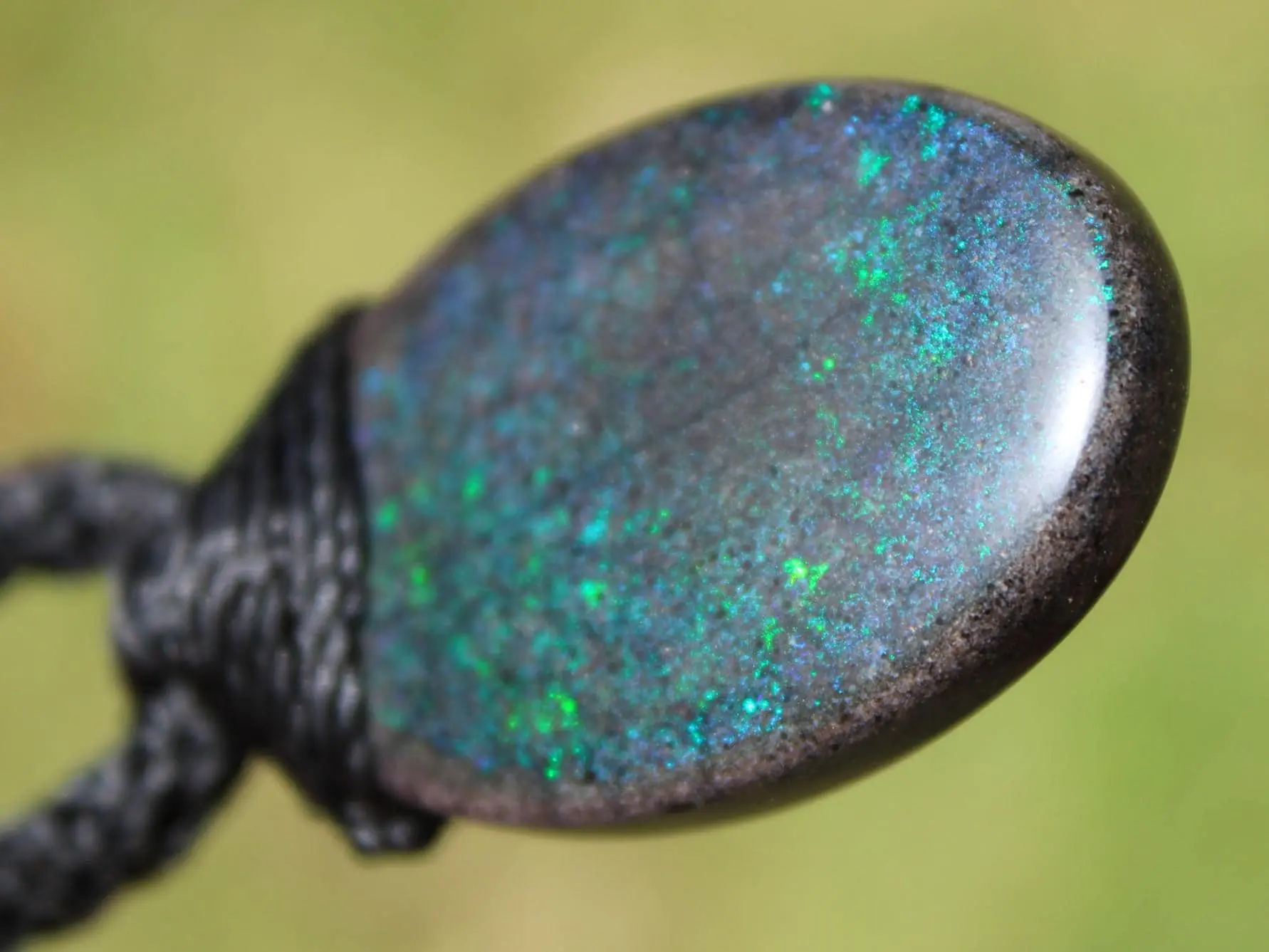 FIRE MATRIX Black OPAL Necklace,Australian Fairy Opal Tribal Pendant, Australian handmade tropical cord, double sided, october birthstone