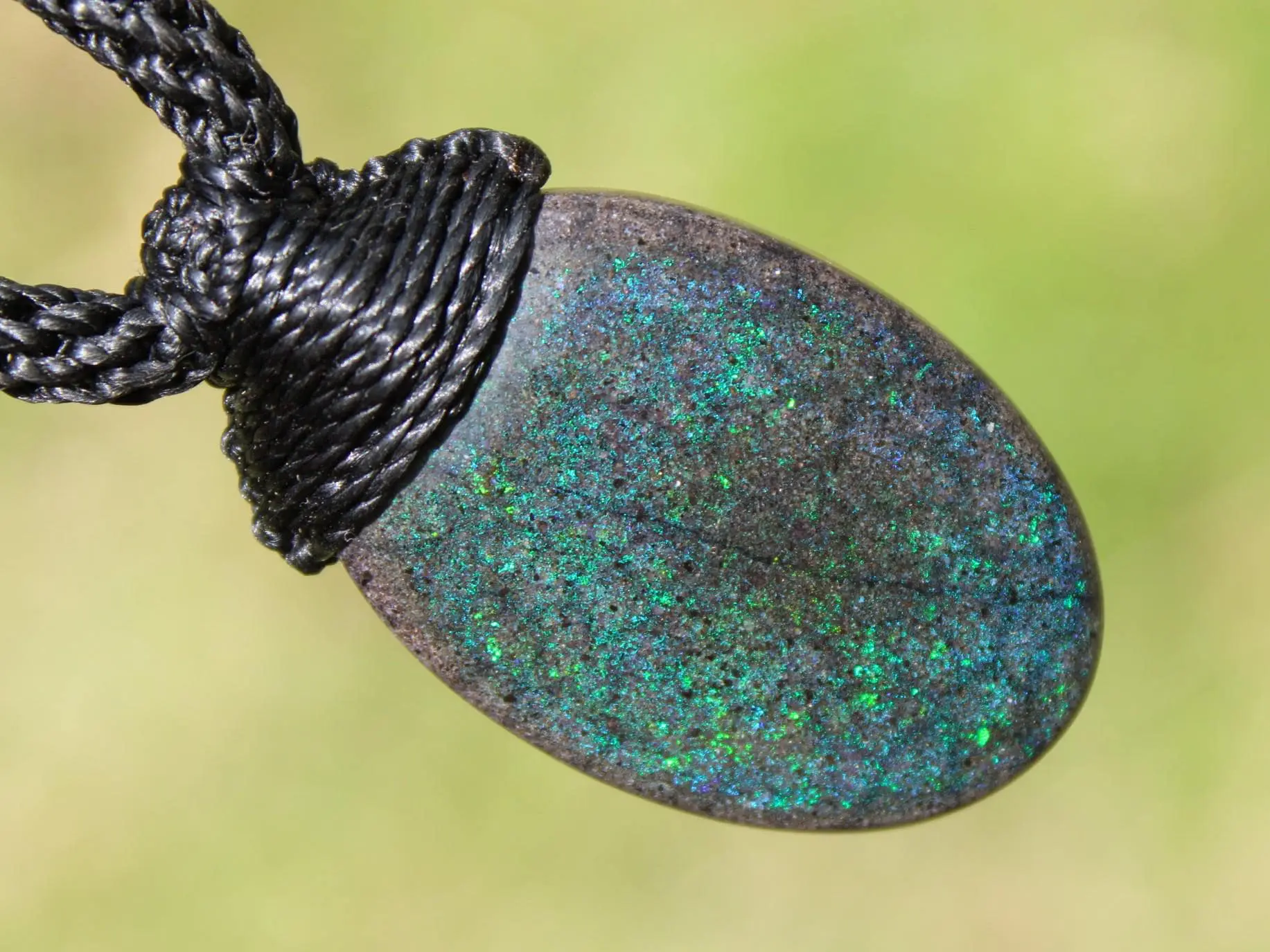 FIRE MATRIX Black OPAL Necklace,Australian Fairy Opal Tribal Pendant, Australian handmade tropical cord, double sided, october birthstone