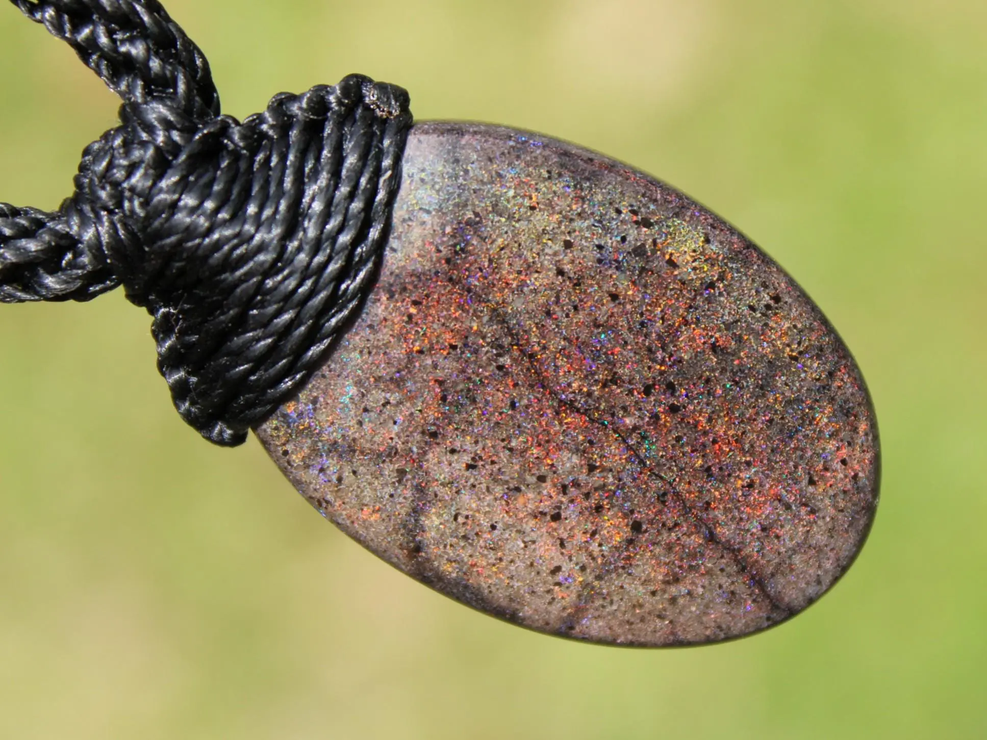 FIRE MATRIX Black OPAL Necklace,Australian Fairy Opal Tribal Pendant, Australian handmade tropical cord, double sided, october birthstone