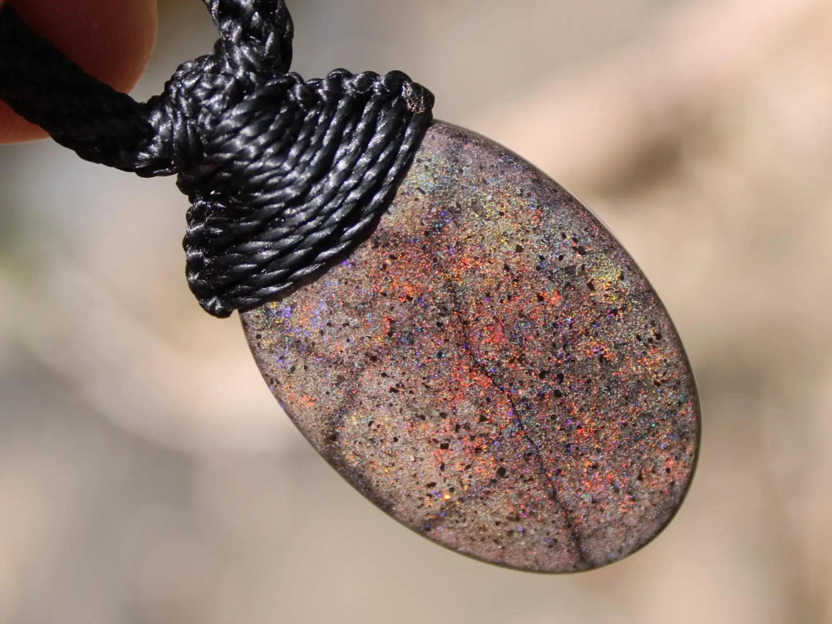 FIRE MATRIX Black OPAL Necklace,Australian Fairy Opal Tribal Pendant, Australian handmade tropical cord, double sided, october birthstone