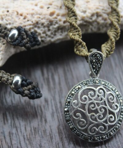 Stunning Celtic Marcasite (Pyrite) Sterling Silver Necklace, Adjustable Ancient knots shibari cord. Free Standart Post