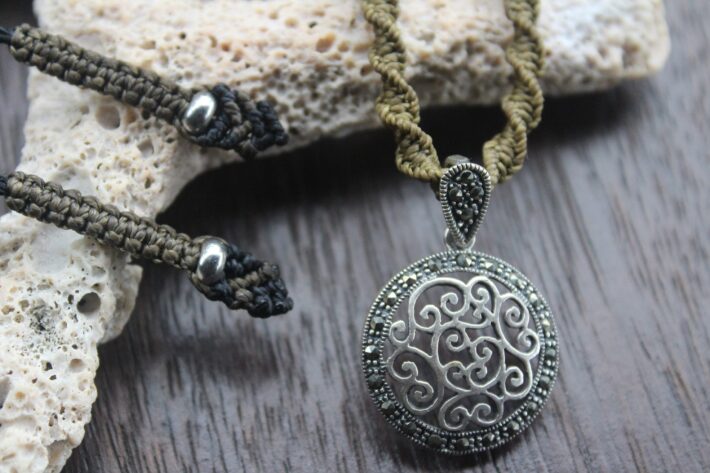 Stunning Celtic Marcasite (Pyrite) Sterling Silver Necklace, Adjustable Ancient knots shibari cord. Free Standart Post