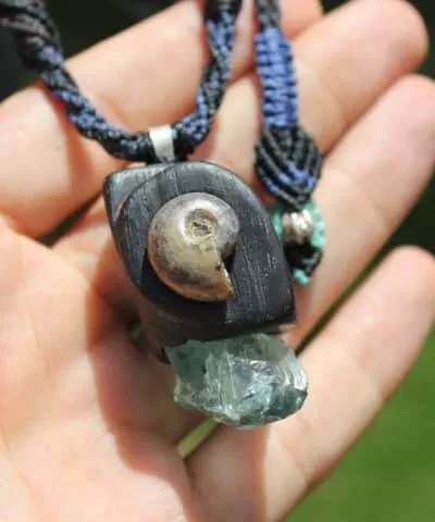 Aquamarine wood pendant, Opalized Ammonite Necklace jewelry,Red Cedar Wood, Australian made Macrame cord,October BirthStone,Healing crystal