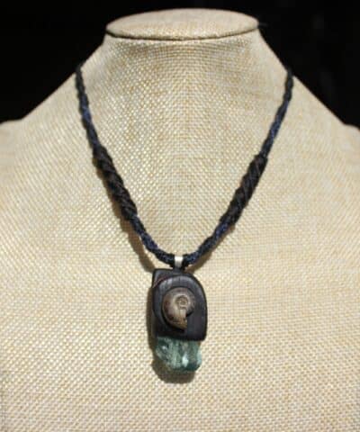 Aquamarine wood pendant, Opalized Ammonite Necklace jewelry,Red Cedar Wood, Australian made Macrame cord,October BirthStone,Healing crystal