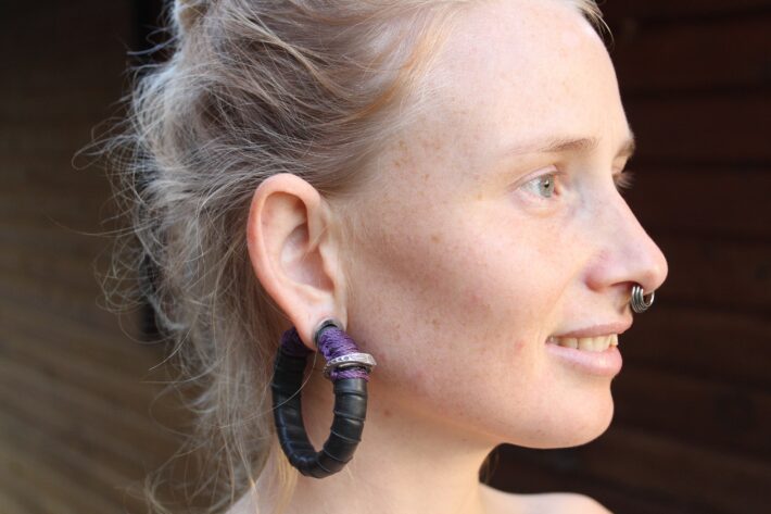 Purple Metamorphic Earrings,1000 Silver Upcycled Innertube Steampunk Cyberpunk Gothic Larp viking celtic Cosplay Mad Max Madonna Ear weight