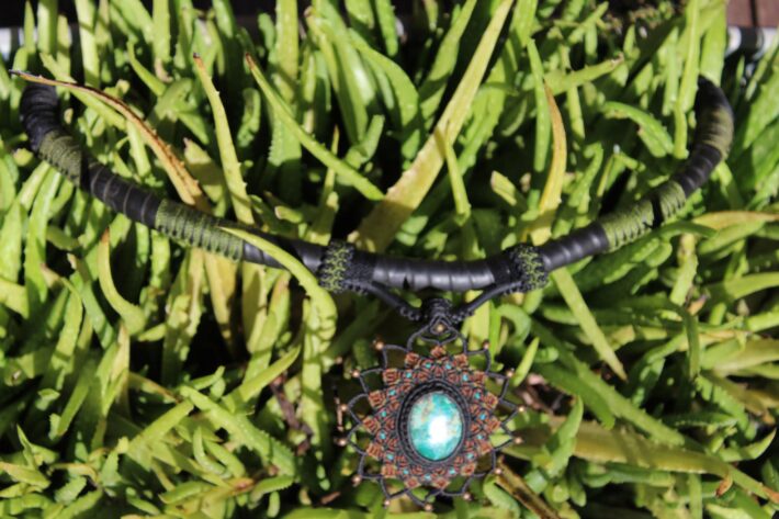 Chrysocolla Inner Tube, KayaXan Amulet Upcycle Rubber Necklace,NeoTribal Fashion Recycle Burningman Jewelry,Eco Vegan Celtic Larp viking