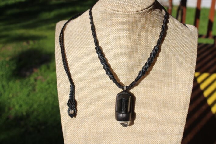 Australian Topaz and Black Tourmaline wood pendant, Macrame cord, crystal point , Australian made macrame cord, black stone jewelry