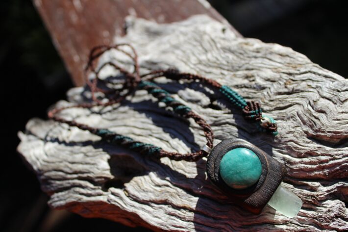 Aquamarine wood pendant, Amozonite Necklace jewelry,Red Cedar Wood, October BirthStone,Healing crystal, Australian made macrame cord