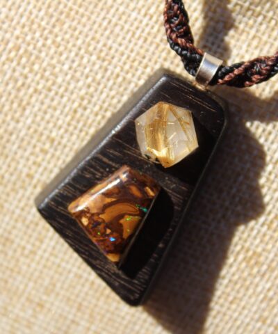 BOULDER OPAL and GOLD Rutile wood pendant, ,Red Cedar Wood,Macrame cord,October BirthStone, Australian made macrame cord, statement jewelry