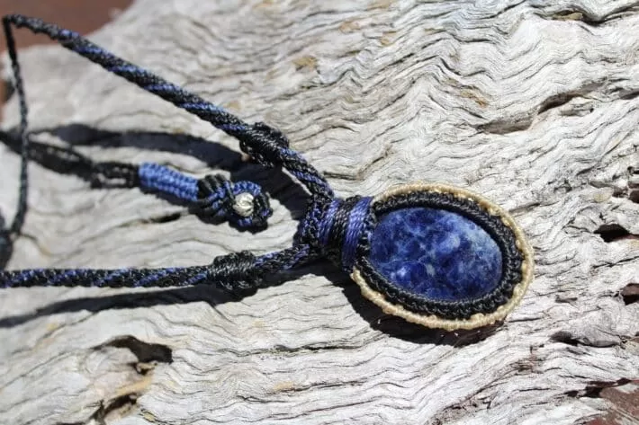 SODALITE Necklace,Macrame Cord Tribal Pendant,Purple Stone Jewelry,Healing Crystal jewelry, Elven