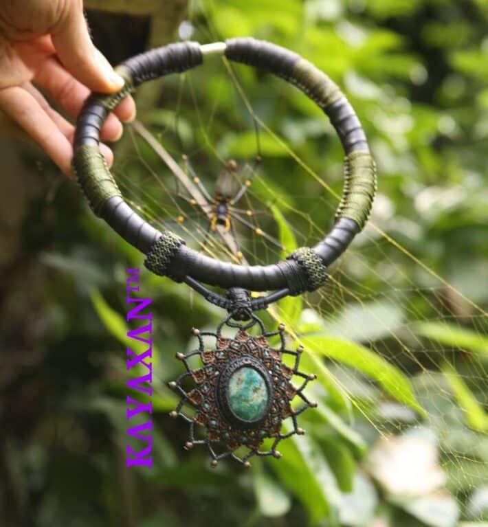 Chrysocolla Inner Tube, KayaXan Amulet Upcycle Rubber Necklace,NeoTribal Fashion Recycle Burningman Jewelry,Eco Vegan Celtic Larp viking