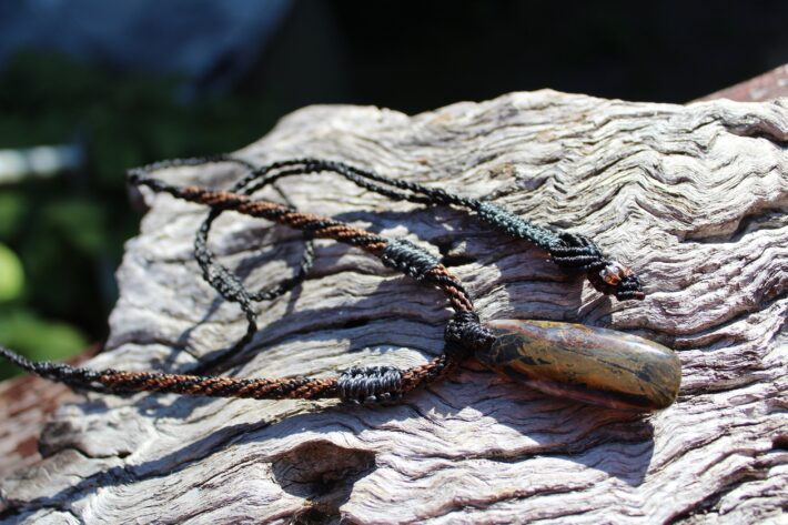 Australian made Opalized wood Opal Necklace macrame cord, Elven Petrify wood,OPAL Pendant,Petrified Wood,summer beach jewelry, black stone