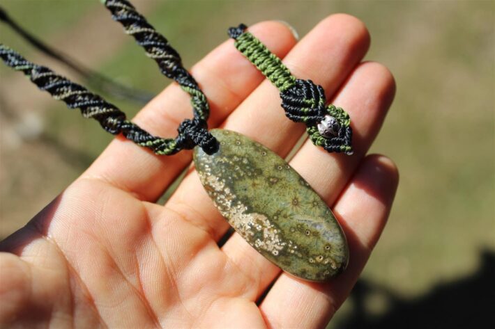 Elven Fossil Coral OCEAN JASPER Pendant crystal Necklace, Gemstone Jewelry,Macrame Cord, beachy beach jewelry, summer necklace jewelry