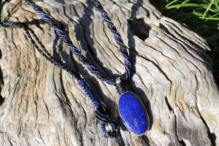 Silver Lapis Lazuli, Australian Made Macrame Cord, Lapis Necklace, Pyrite Pendant, Elven Blue Stone Talisman, Healing Crystal Jewelry