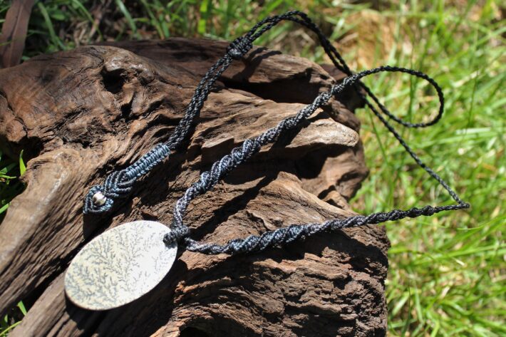 Tree Stone Pendant,Dendrite Dendritic Rock Necklace,Tree of Life ,Psilomelane, Australian made tribal wear macrame cord summer beach jewelry