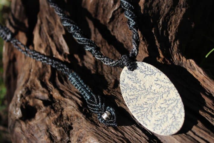 Tree Stone Pendant,Dendrite Dendritic Rock Necklace,Tree of Life ,Psilomelane, Australian made tribal wear macrame cord summer beach jewelry