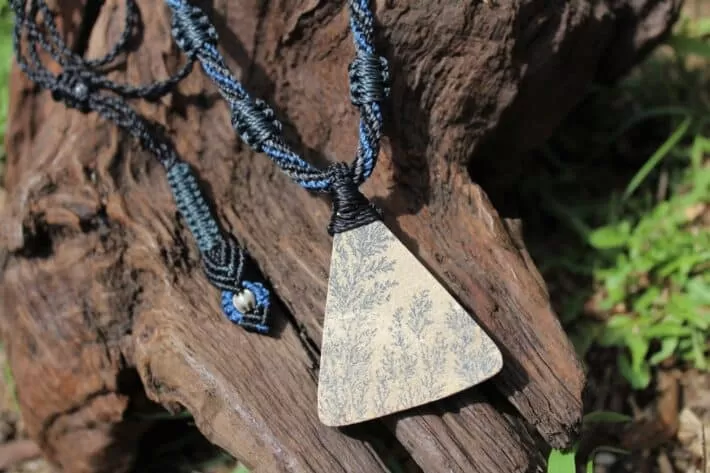 Tree Stone Pendant, Dendrite Dendritic Rock Necklace, Tree of Life ,Psilomelane Macrame Cord, Elven Jewelry, Teacher Gift idea