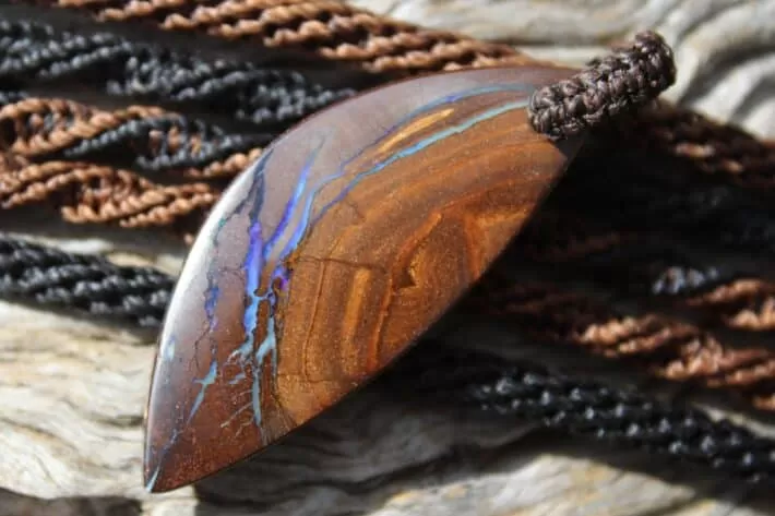 Blue Purple Boulder Opal Pendant Necklace. Leaf Shape with Shibari Macrame Cord