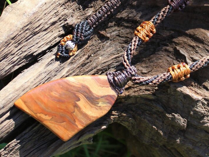 Australian Ribbon Stone Jasper Pendant,Indigenous Jasper , Australian made tribal wear macrame cord summer beach surf jewelry, brown stone