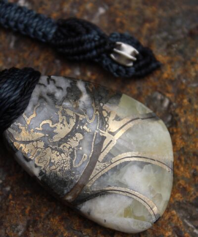 Pyrite Ammonite Calcite Necklace, Ammonite Fossil Pendant , Calcite jewelry, Australian made Macrame Cord Healing Crystal Jewelry