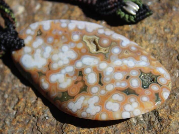 Huge Druzy Ocean Jasper Pendant,Artisan Spiral Cut Gemstone Necklace,Stone Jewelry,Macrame Cord,Elven Fossil Coral,