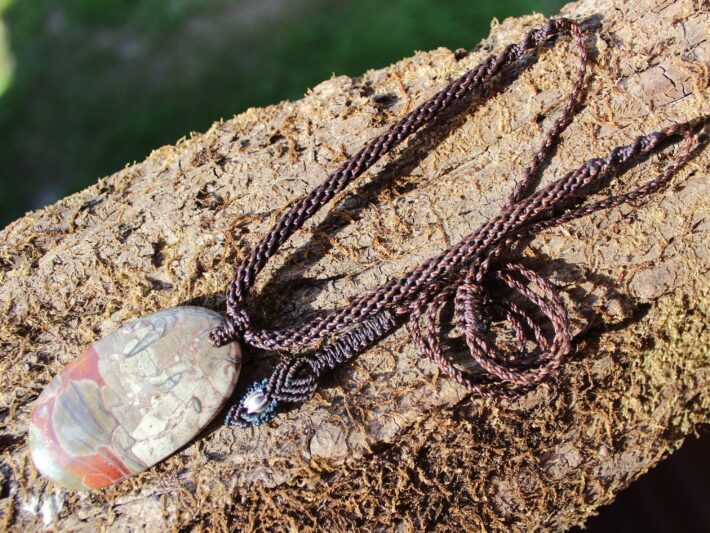 Australian Rhyolite Mushroom Jasper Necklace, Platypus dreaming Rain-forest Jasper Pendant, Australian Made macrame cord, ELVEN jewelry,