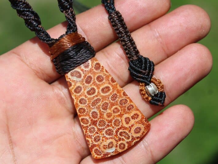 Elven Red CORAL FOSSIL Pendant crystal Necklace, Ancient Gemstone Jewelry, Macrame Cord, Vegan Orange Talisman