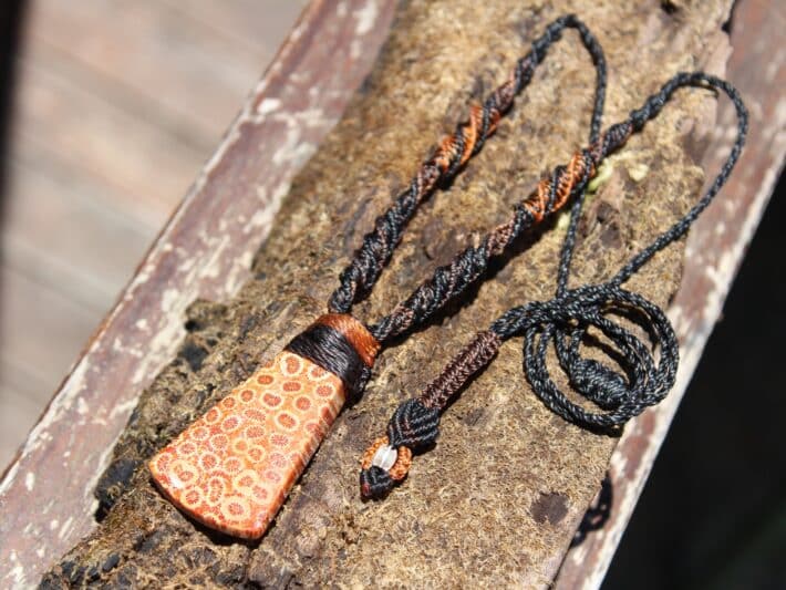 Elven Red CORAL FOSSIL Pendant crystal Necklace, Ancient Gemstone Jewelry, Macrame Cord, Vegan Orange Talisman