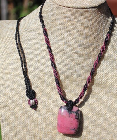 Australian Rhodonite Crystal Healing,Rhodonite Necklace,Tribal pendant,Macrame necklace,string art Heart Chakra stone Jewelry,Taurus
