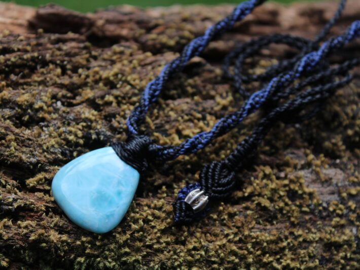 LARIMAR Pendant, Elven Talisman, Macrame Necklace, Burning man Jewelry,mermaid dolphin stone,Blue Stone Pendant,