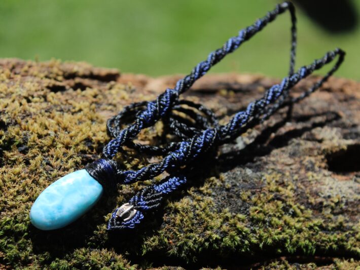 Handpolished LARIMAR Pendant, Elven Talisman Macrame Larimar Necklace,Ocean Jewelry, Australian made macrame cord summer beach jewellery
