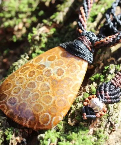 Ancient Red CORAL FOSSIL Pendant crystal Necklace, Elven Gemstone Jewelry,Macrame Cord, Vegan Orange Talisman,