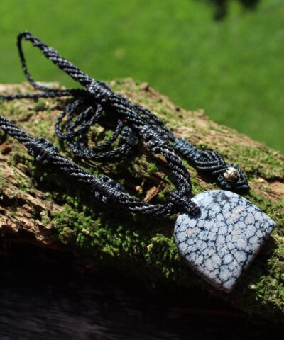 Snowflake Obsidian Necklace, Snowflake Obsidian Pendant, Black Crystal, ELVEN Macrame jewelry