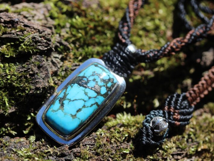 Turquoise Silver Pendant Talisman, Elven Turquoise Necklace, Macrame cord,Healing Crystal Jewelry,Australian Made,